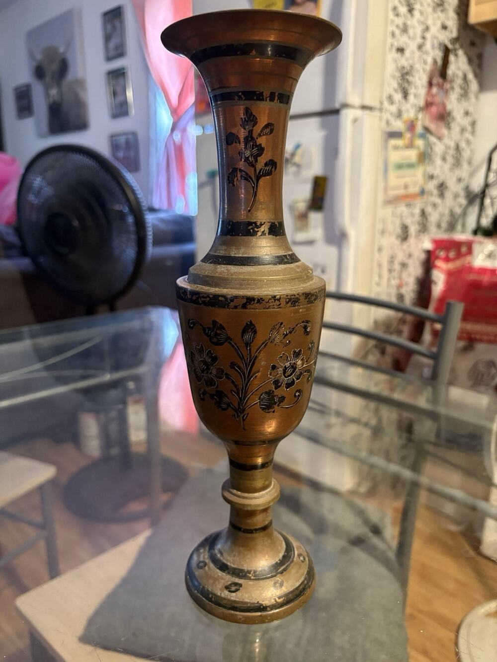 Vintage Indian Brass Vase - Hand Etched Floral Design - 12" Tall - Boho Decor